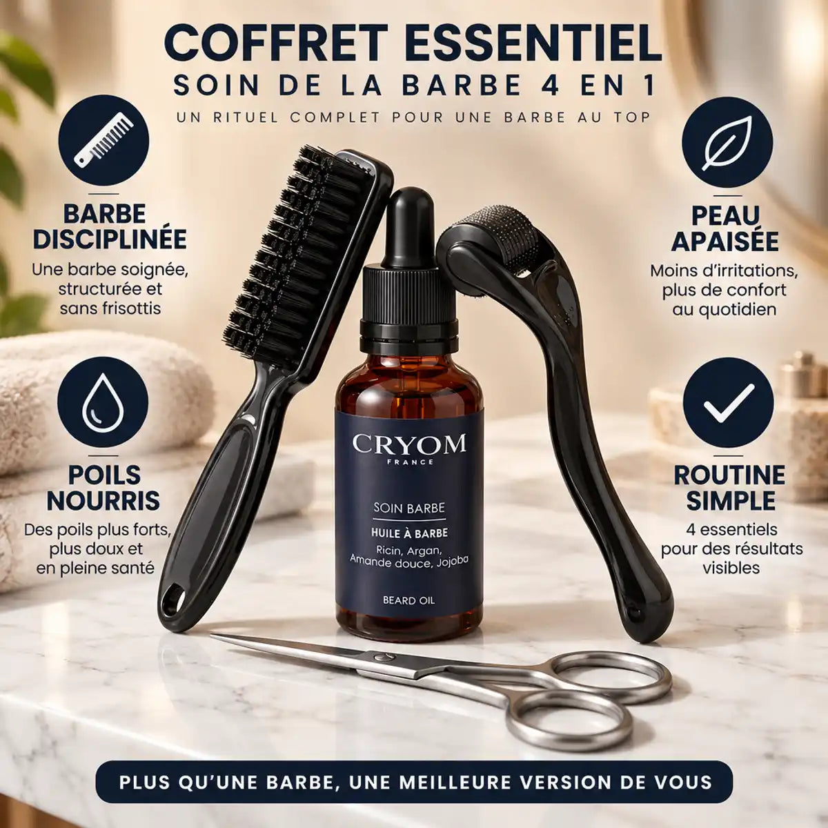 Coffret soin barbe 4 en 1 avec huile, peigne, ciseaux et brosse sur marbre blanc