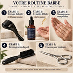 Coffret soin barbe 4 en 1 : huile, roller, ciseaux et brosse avec guide d'utilisation étapes
