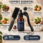 Coffret soin barbe 4 en 1 avec huiles naturelles, roller et accessoires sur marbre