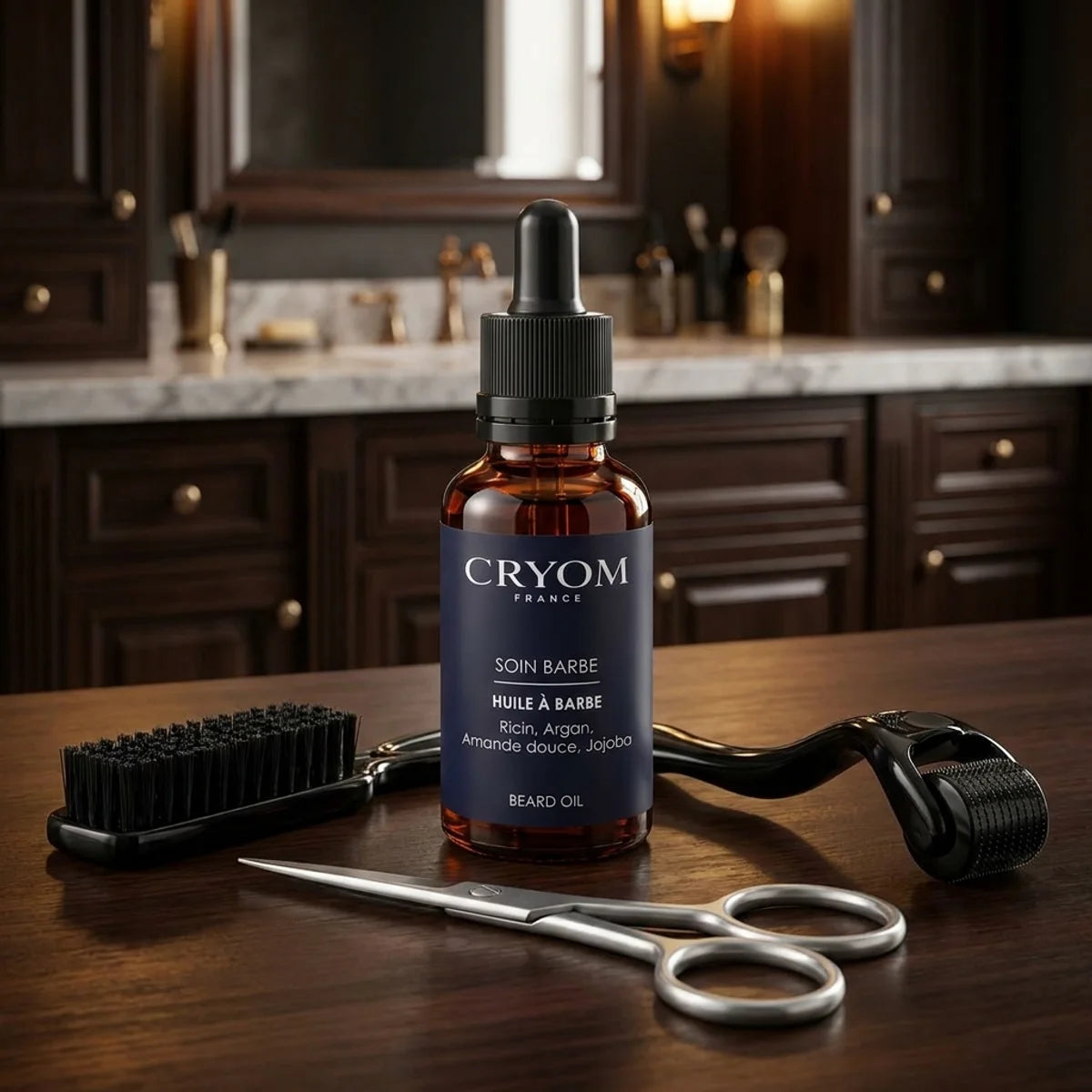 Coffret soin barbe 4 en 1 : huile, ciseaux, brosse et dermaroller sur meuble salle de bain