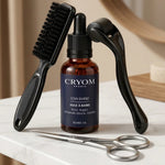 Coffret soin barbe 4 en 1 professionnel avec huile, ciseaux, brosse et dermaroller sur marbre