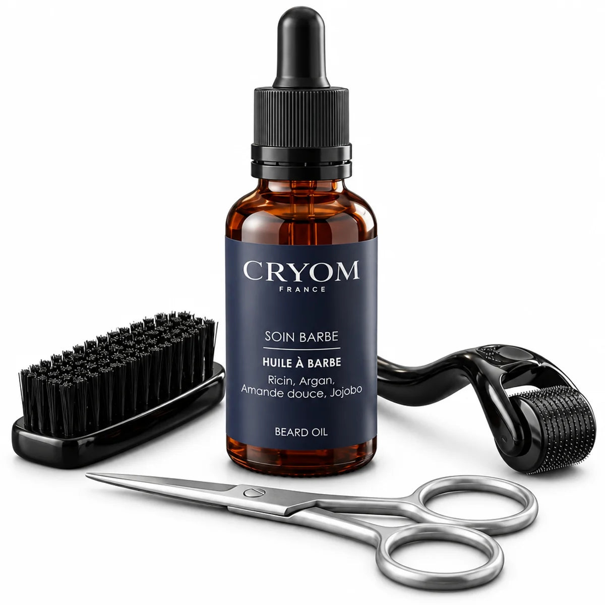 Coffret soin barbe homme 4 en 1 avec huile, ciseaux, brosse et dermaroller professionnel