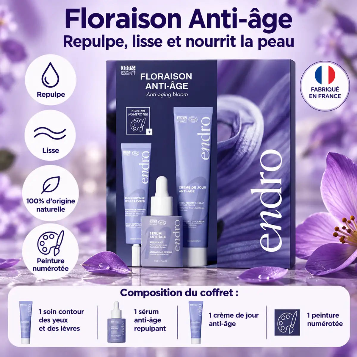 Coffret Floraison Anti-âge Endro bio : contour des yeux, sérum et crème de jour en teinte lavande, sur fond de pétales violets.
