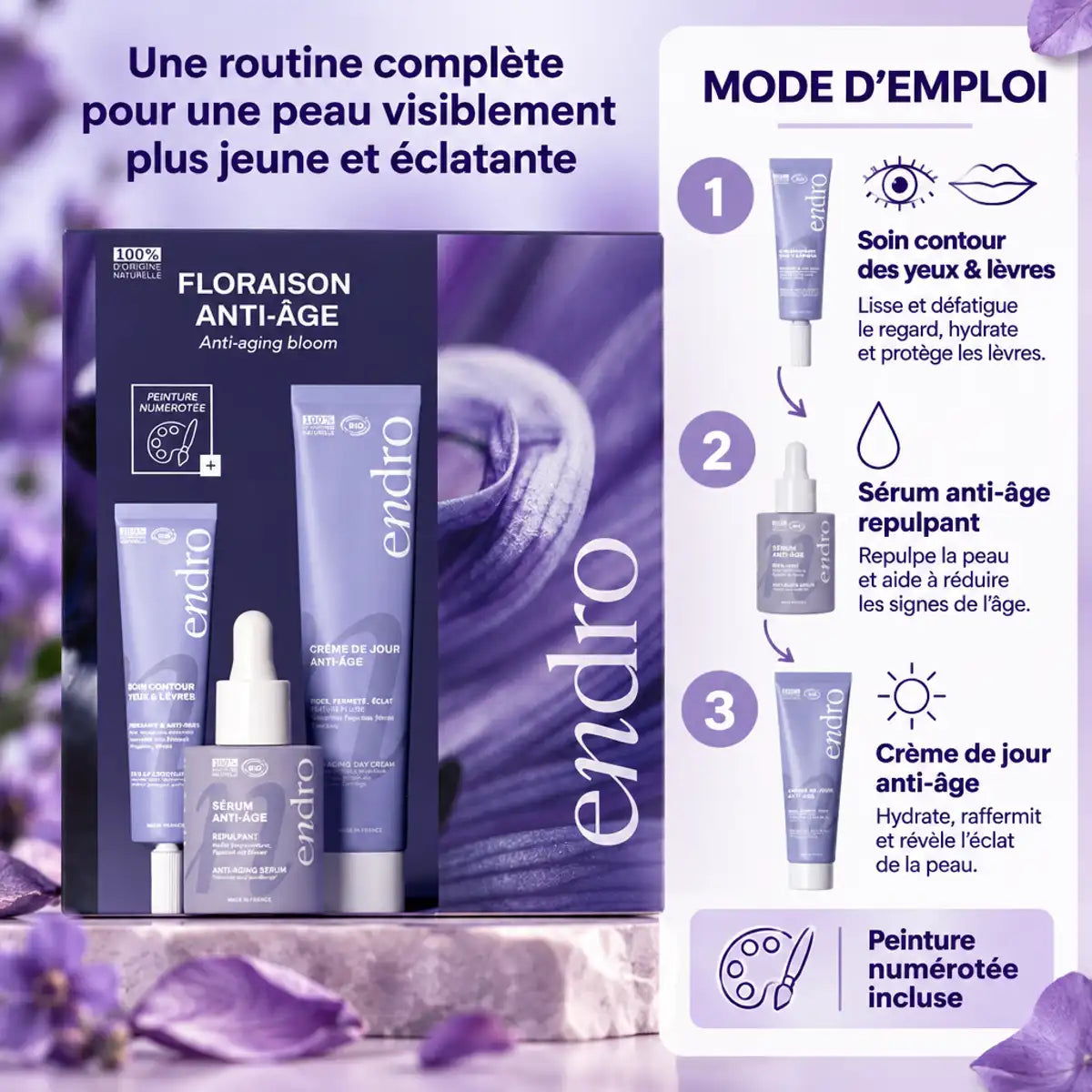 Coffret Floraison Anti-âge bio Endro : sérum, crème de jour et contour des yeux et lèvres avec mode d'emploi en 3 étapes