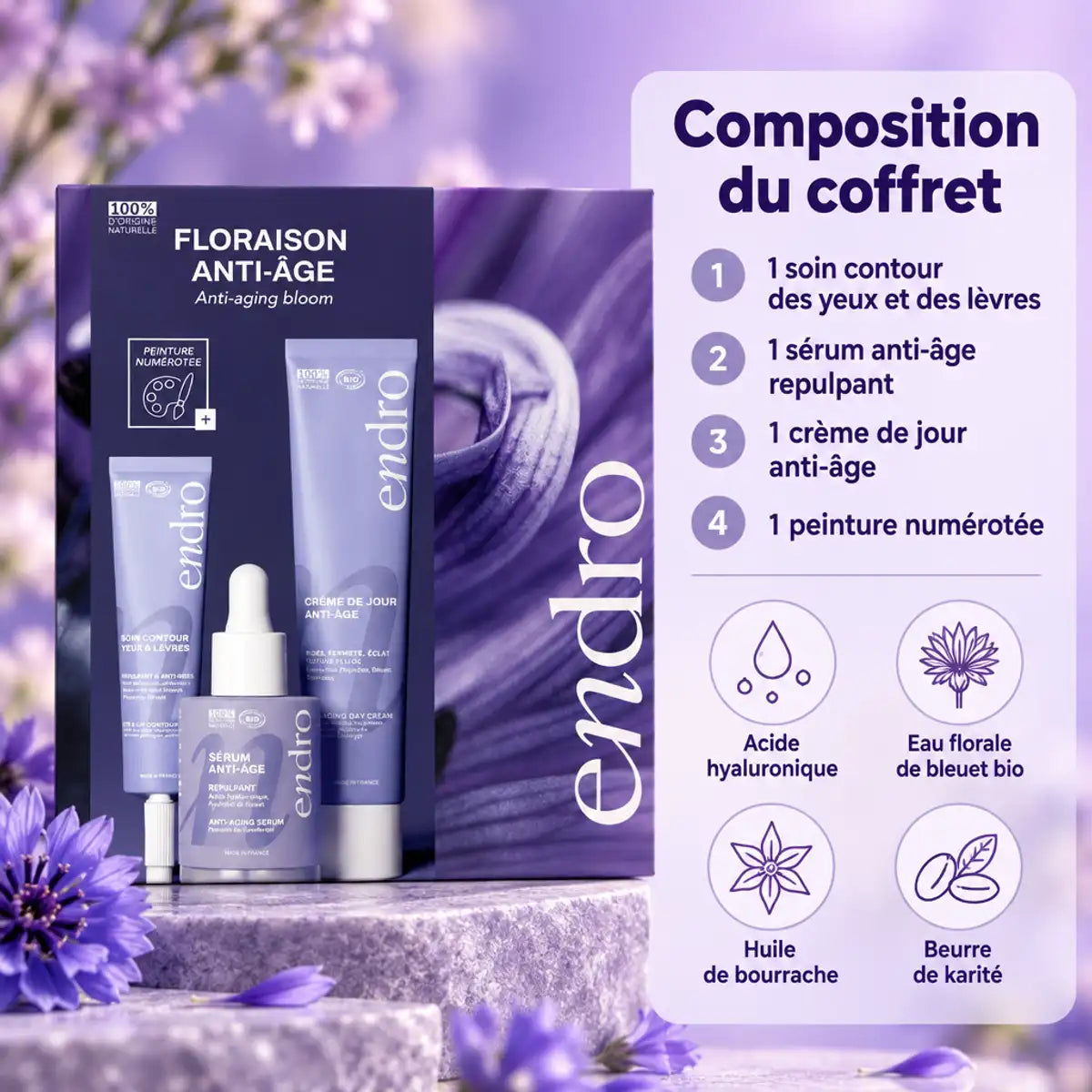 Coffret Floraison Endro anti-âge bio : sérum, crème de jour, soin contour des yeux et peinture numérotée, avec acide hyaluronique et bleuet