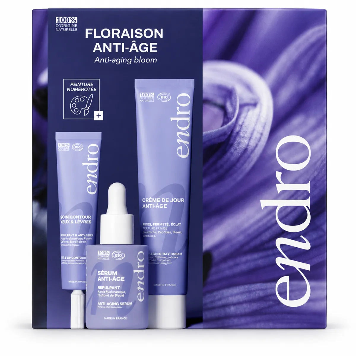 Coffret Floraison Anti-âge Endro bio : contour des yeux, sérum et crème de jour sur fond blanc