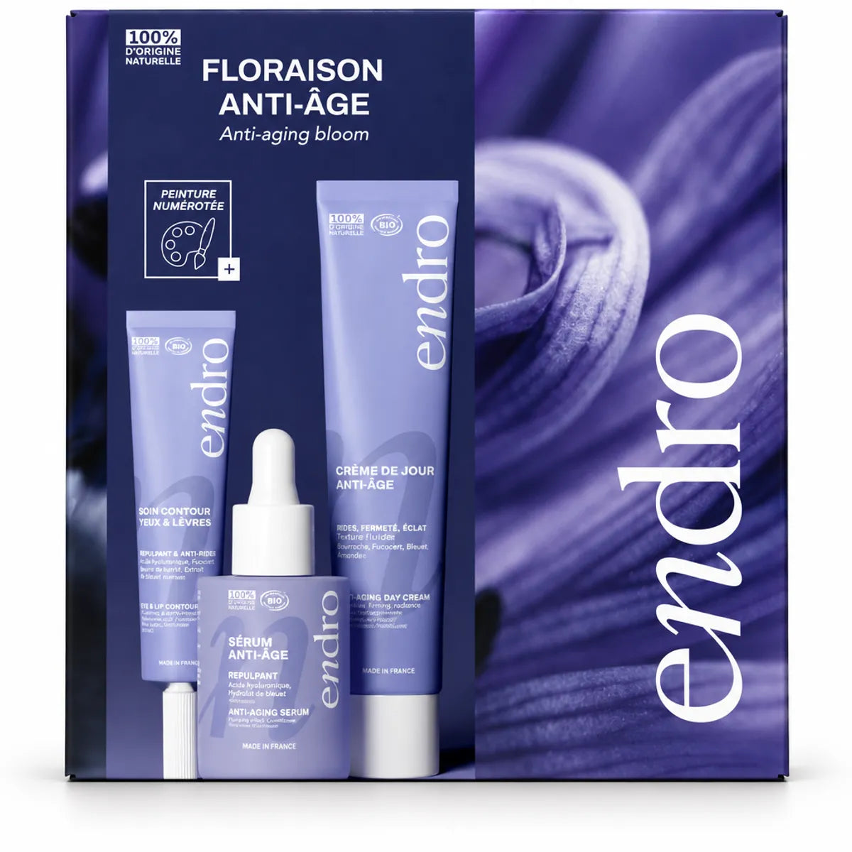 Coffret Floraison Anti-âge Endro bio : contour des yeux, sérum et crème de jour sur fond blanc