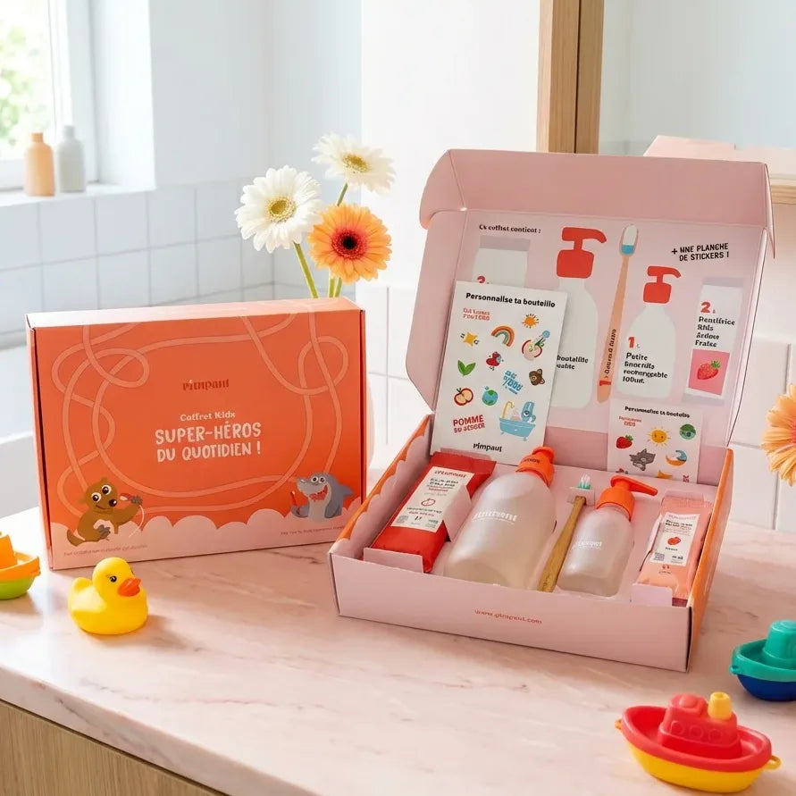Coffret Kids Ma 1ère Routine Hygiène Pimpant avec dentifrice et gel douche 2en1 sur marbre rose