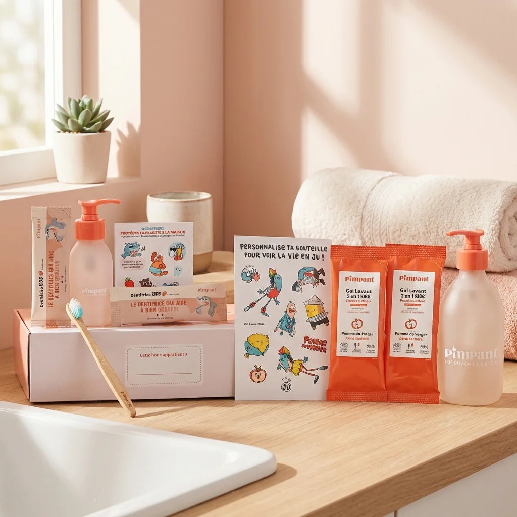 Coffret hygiène enfant Pimpant avec dentifrice, gel douche et brosse à dents sur fond rose