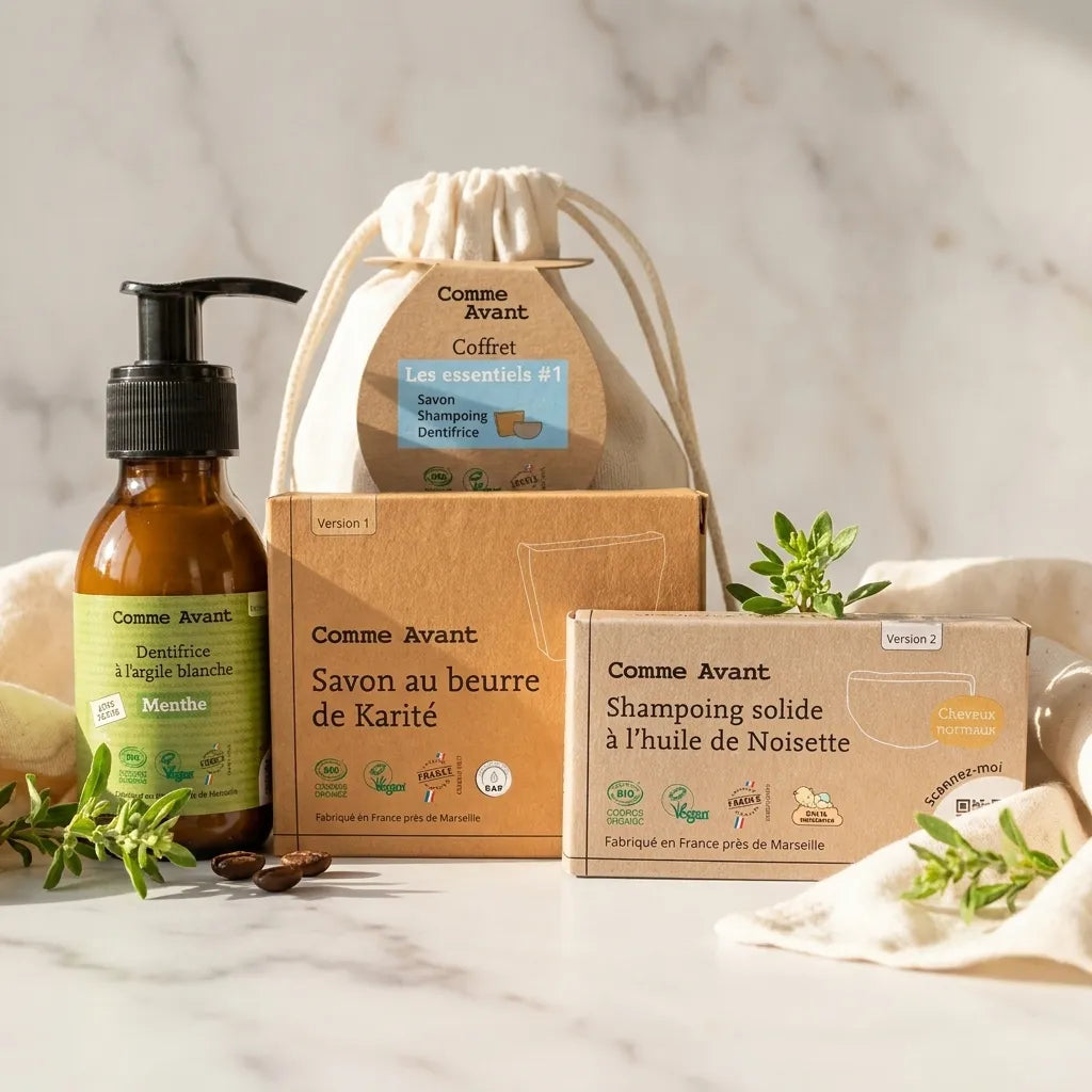 Coffret essentiels Comme Avant avec dentifrice, shampoing solide et pochette coton écologique