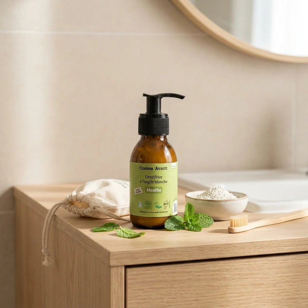Coffret essentiels Comme Avant avec flacons ambre et accessoires bio sur vanité minimaliste