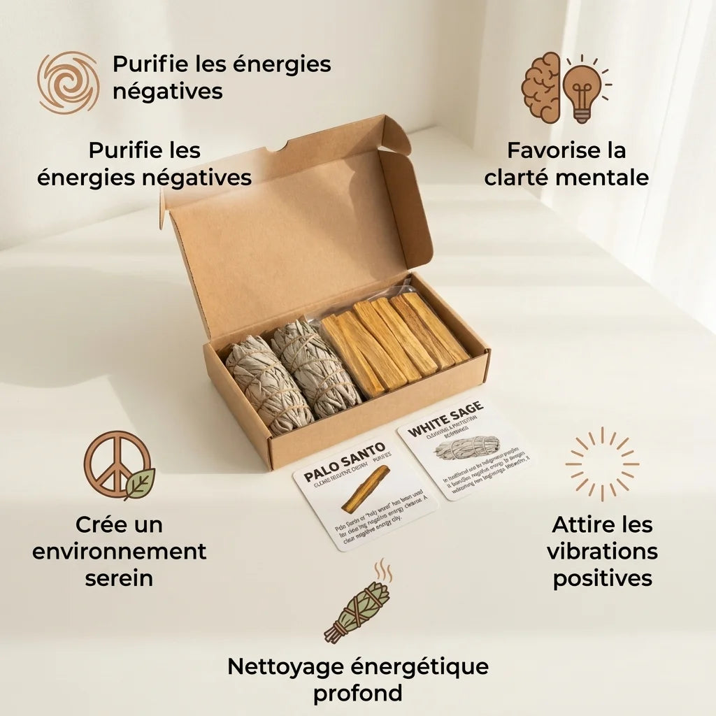 Coffret Prestige purification sauge blanche et Palo Santo avec bénéfices énergétiques