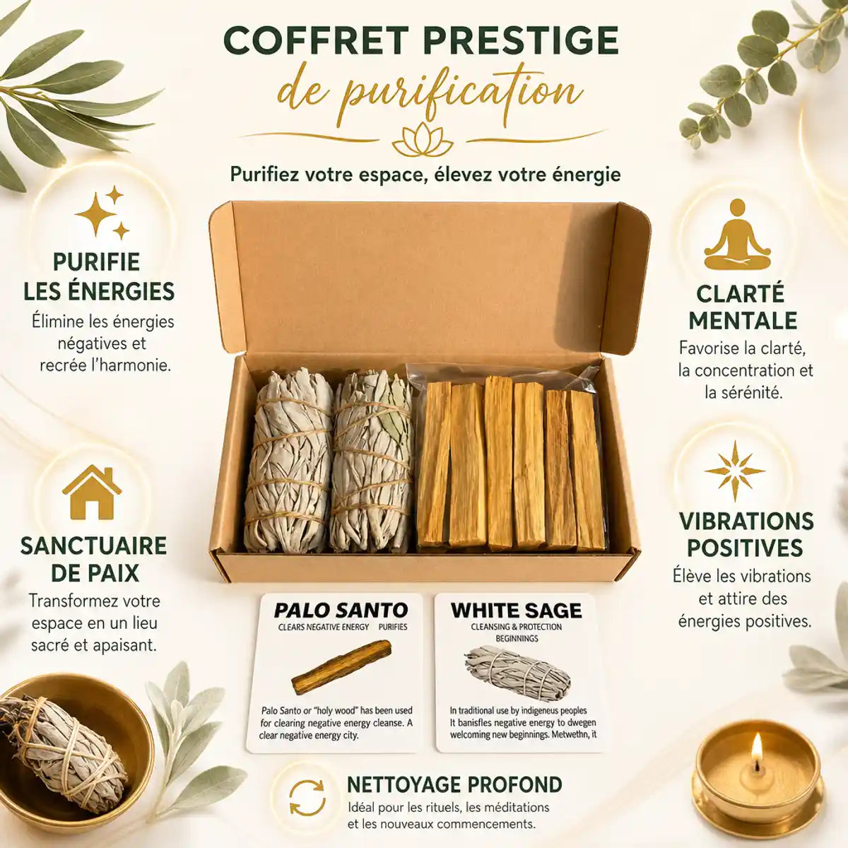 Coffret Prestige purification sauge blanche palo santo bienfaits énergies bien-être