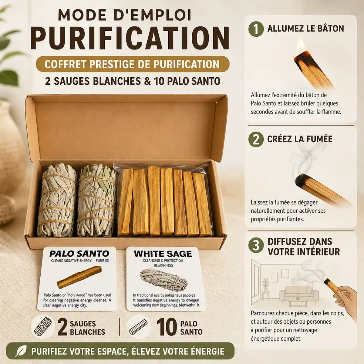 Coffret Prestige purification sauge blanche palo santo guide d'utilisation étapes