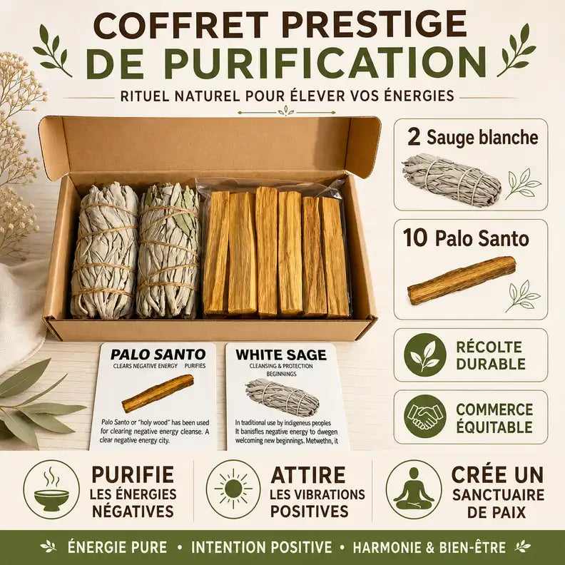 Coffret Prestige purification avec 2 Sauge blanche et 10 Palo Santo, commerce équitable et récolte durable