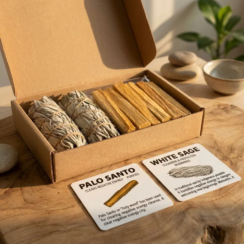 Coffret Prestige purification ouvert avec 2 Sauge blanche et 10 Palo Santo sur bois