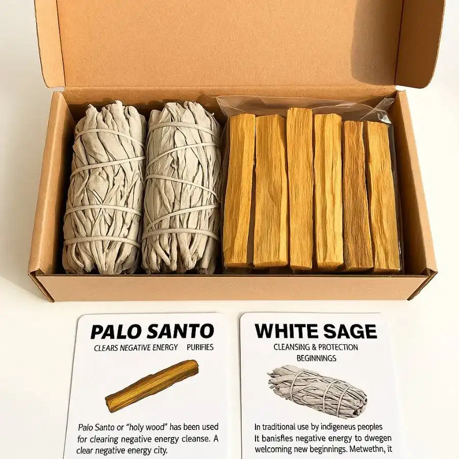 Un coffret Prestige de purification contenant 2 Sauge blanche & 10 Palo Santo