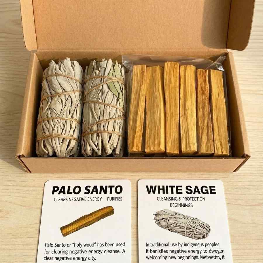 Un coffret Prestige de purification contenant 2 Sauge blanche & 10 Palo Santo