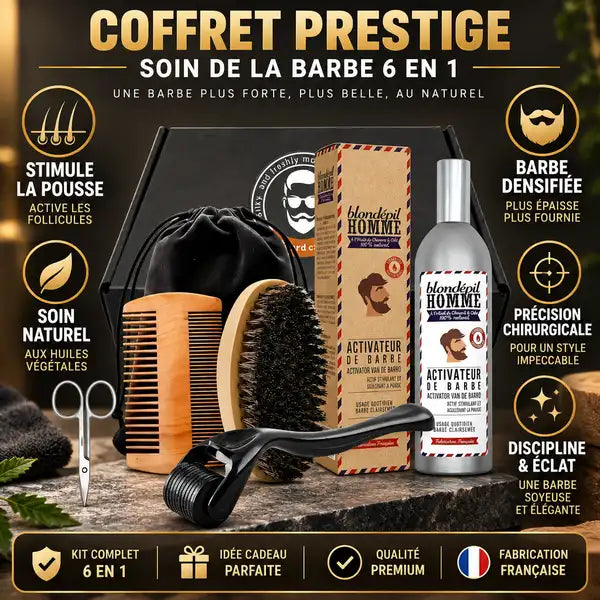 Coffret Prestige Soin Barbe 6 en 1 avec accessoires et bénéfices : pousse, densité, soin naturel