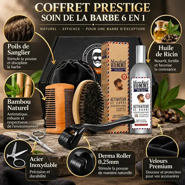 Coffret Prestige Soin Barbe 6 en 1 homme : brosse, peigne bambou, ciseaux, derma roller
