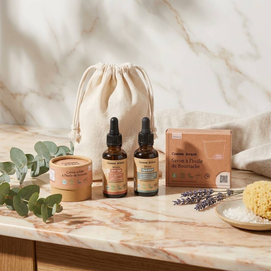 Coffret routine anti-âge Comme Avant sur vanité en marbre avec sérums, crème et savon