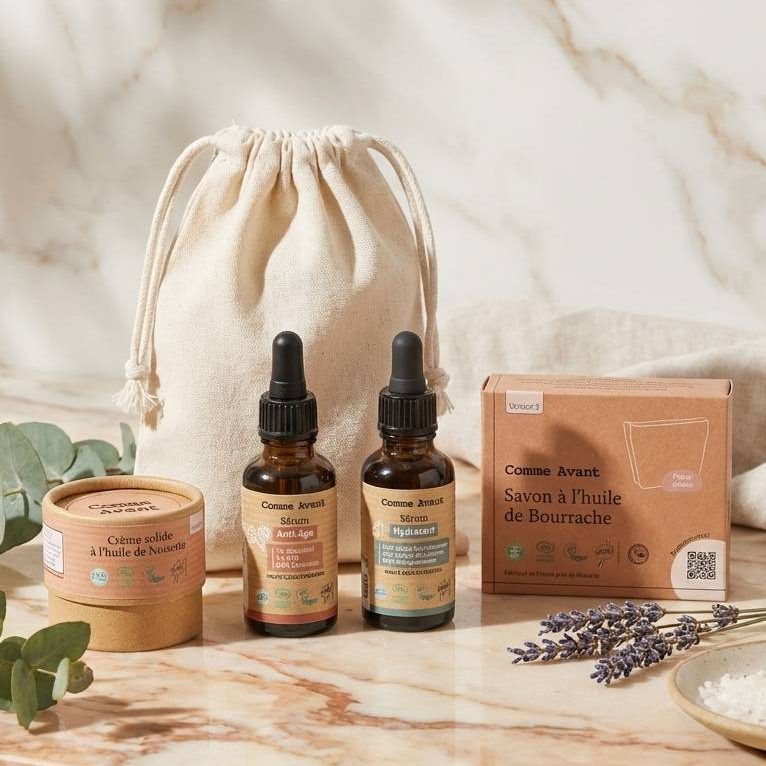 Coffret routine anti-âge Comme Avant sur vanité en marbre avec sérums, crème et savon