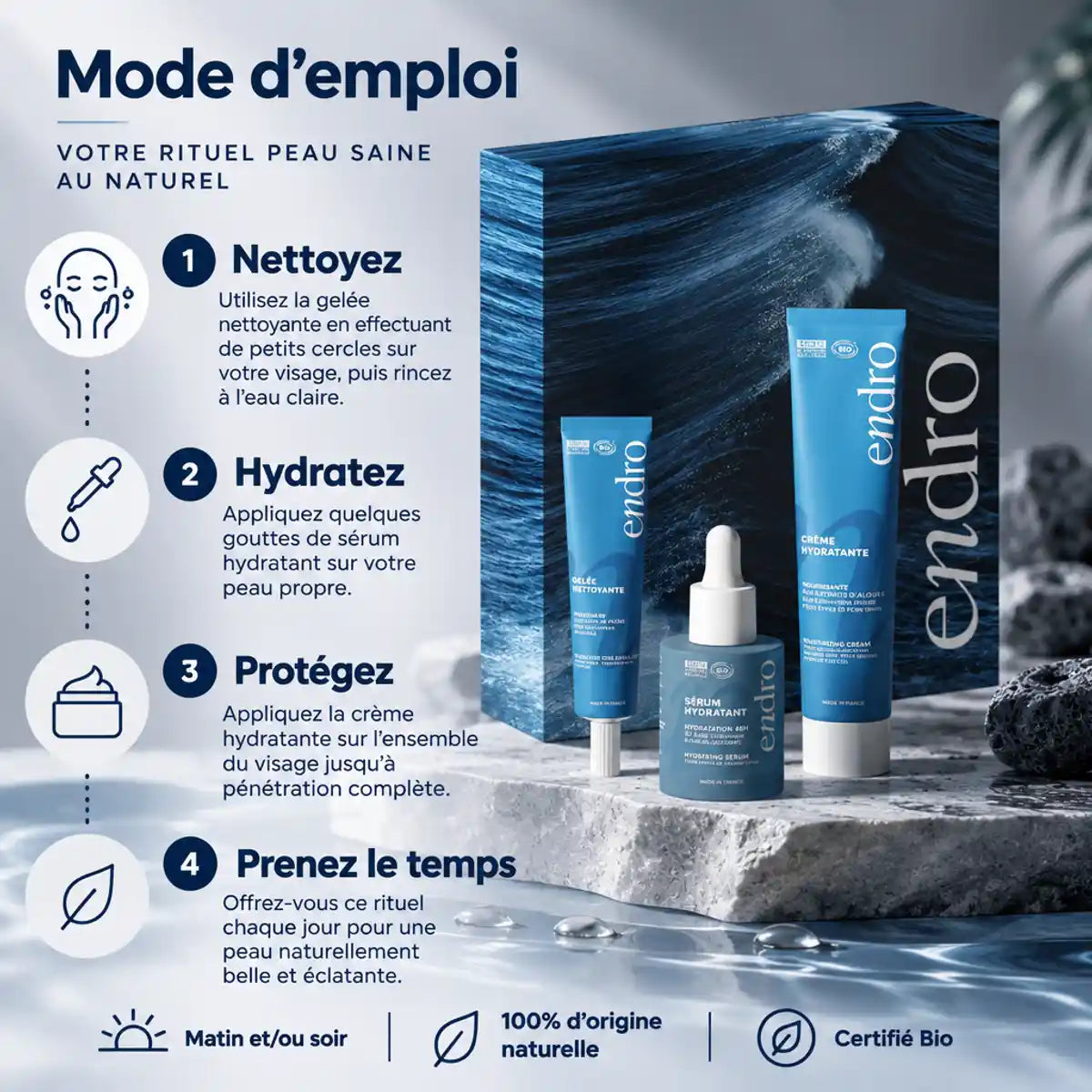 Coffret Vague d'Hydratation bio Endro : gelée nettoyante, sérum et crème visage, avec mode d'emploi en 4 étapes