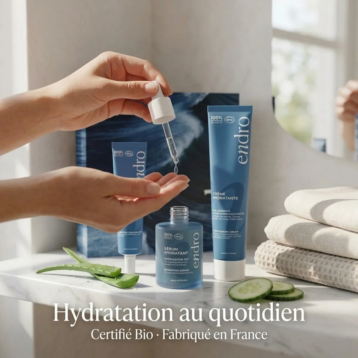 Coffret Vague d'Hydratation Endro : gelée nettoyante, sérum et crème visage bio posés sur une étagère en marbre, aloe vera et concombre