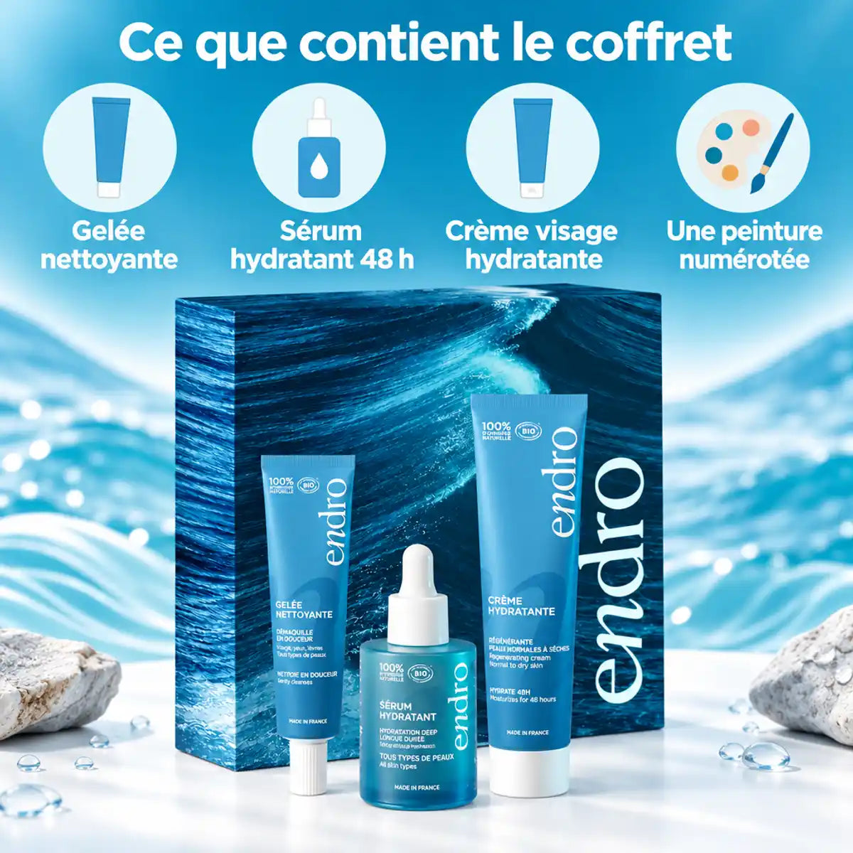 Coffret Vague d'Hydratation bio Endro : gelée nettoyante, sérum hydratant 48 h et crème visage, avec peinture numérotée