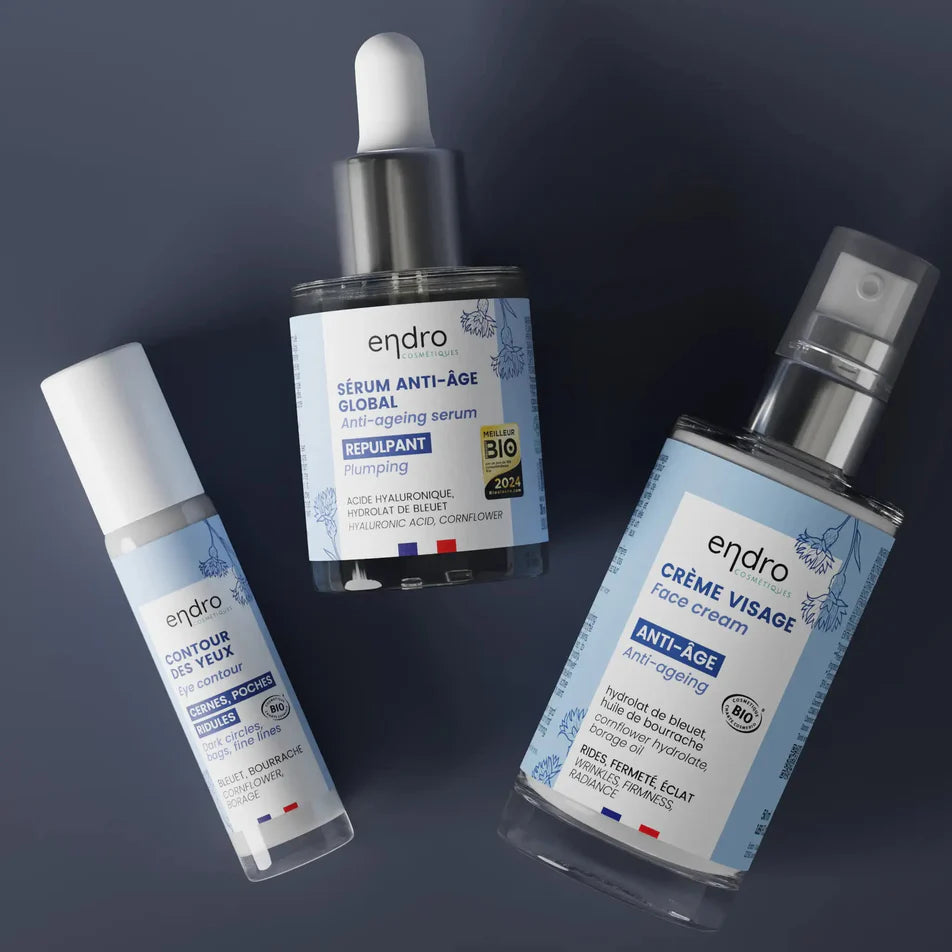 Zoom sur les 3 produits qui composent le Coffret anti âge 3-en-1 Endro