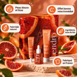 Coffret Zeste d'Éclat Endro bio : gommage, sérum et crème visage entourés d'agrumes, avec mentions bio et fabriqué en France