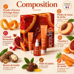 Coffret Zeste d'Éclat bio Endro avec gommage, sérum et crème visage, entouré de ses ingrédients naturels