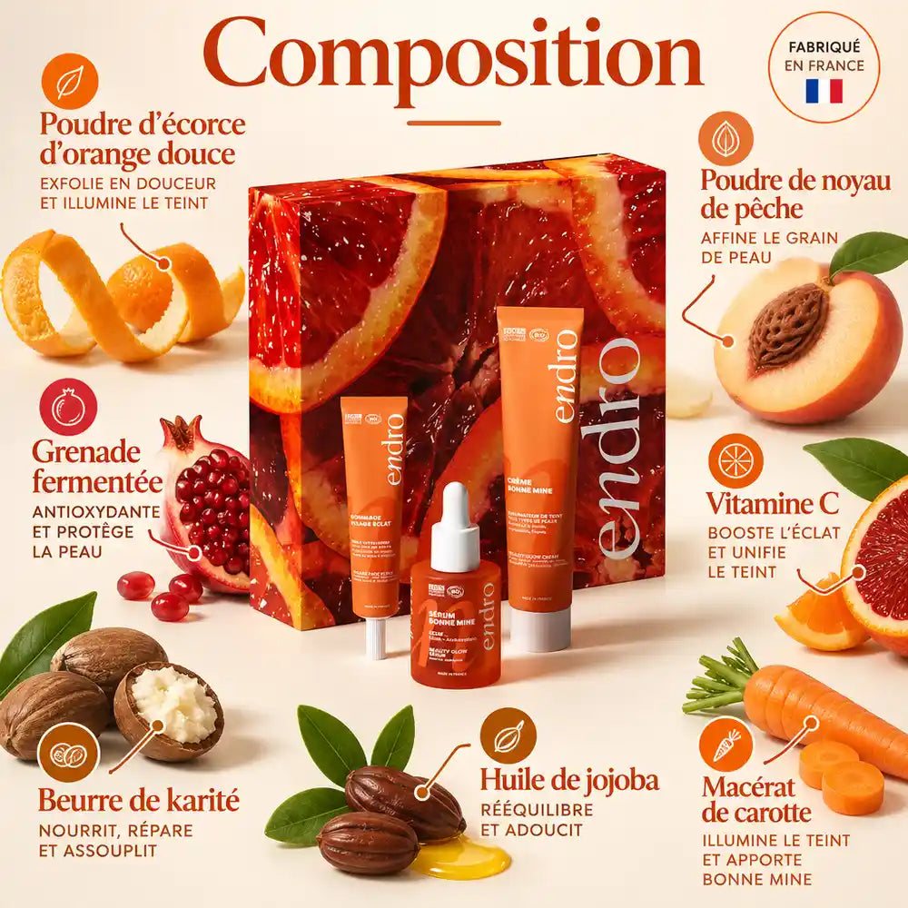 Coffret Zeste d'Éclat bio Endro avec gommage, sérum et crème visage, entouré de ses ingrédients naturels
