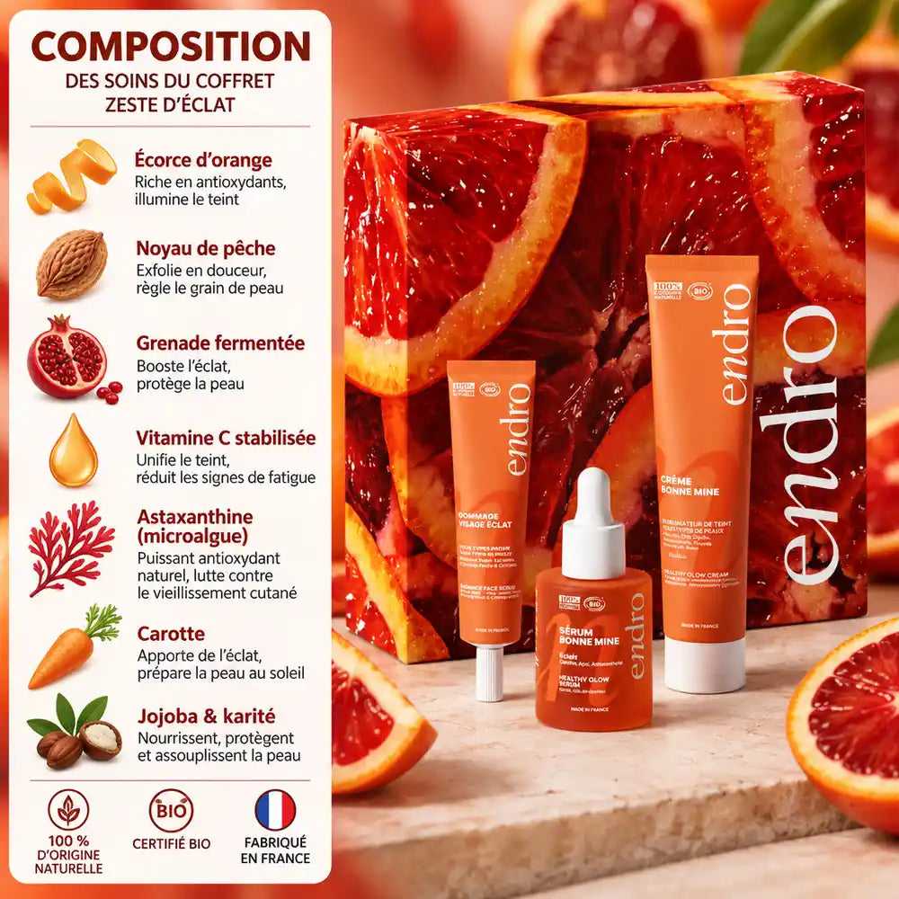 Coffret Zeste d'Éclat bio Endro : gommage, sérum et crème visage, composition naturelle avec orange sanguine et ingrédients botaniques