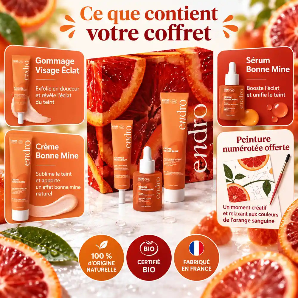 Coffret Zeste d'Éclat bio Endro : gommage, sérum et crème visage, avec infographie des 3 soins et badges bio et fabriqué en France