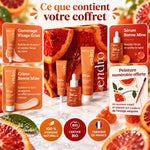 Coffret Zeste d'Éclat bio Endro : gommage, sérum et crème visage, avec infographie des 3 soins et badges bio et fabriqué en France