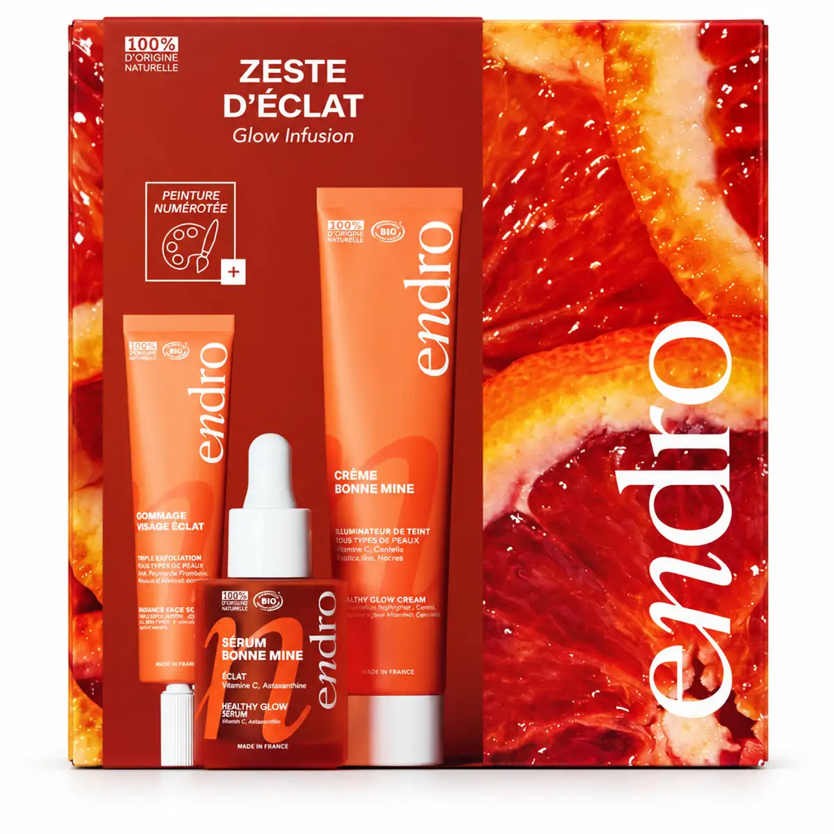 Coffret Zeste d'Éclat bio endro : gommage visage, sérum Bonne Mine et crème visage orange sur fond blanc