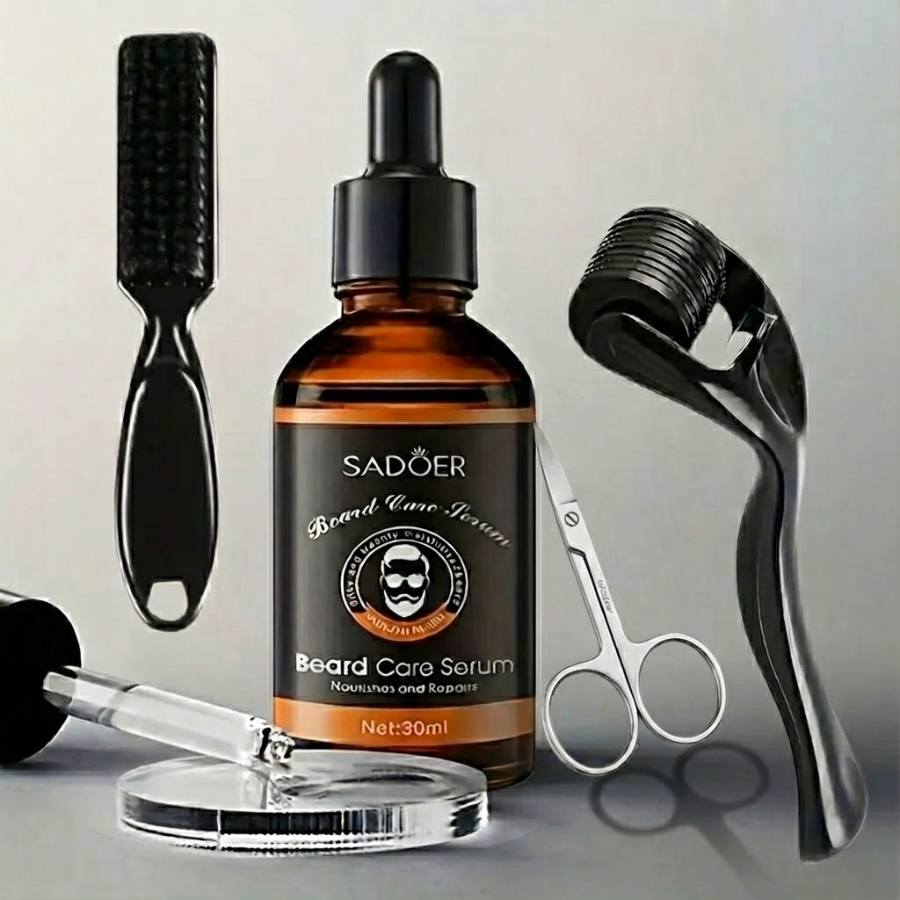 Un kit de soin de la barbe comprenant une huile, un roller, une brosse et une paire de ciseaux à barbe