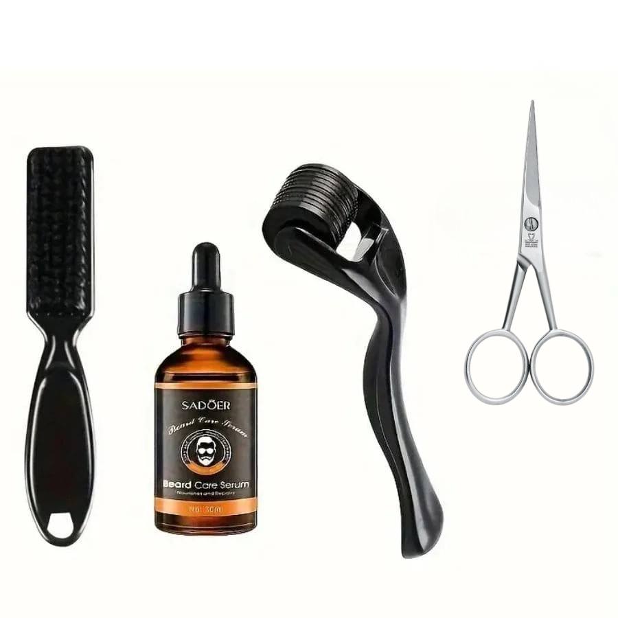 la composition du kit de soin de la barbe comprenant une huile, un roller, une brosse et une paire de ciseaux à barbe
