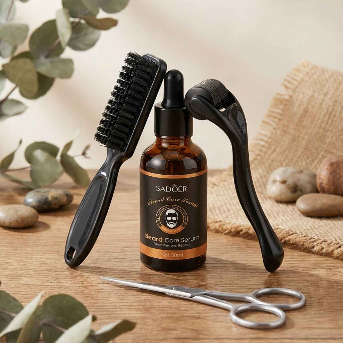Un kit de soin de la barbe comprenant une huile, un roller, une brosse et une paire de ciseaux à barbe