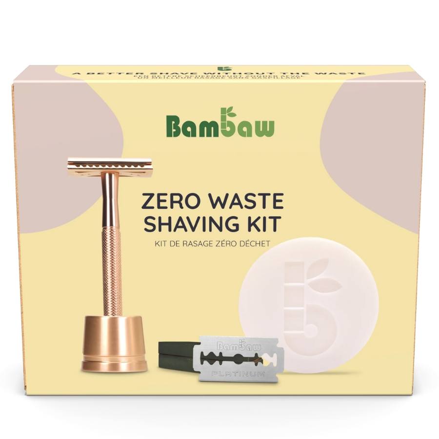 Un Coffret de rasage édition or rose comprenant 4 pièces, de la marque Bambaw