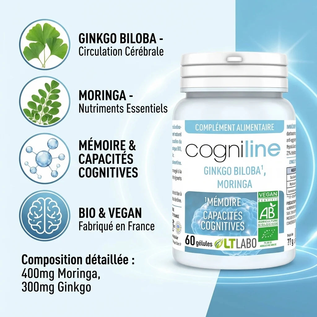 Cogniline Bio 60 gélules - Ginkgo Biloba et Moringa pour mémoire et circulation cérébrale