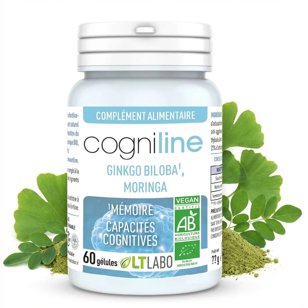 Cogniline Bio 60 gélules LT Labo avec feuilles de ginkgo biloba et moringa, ingrédients naturels
