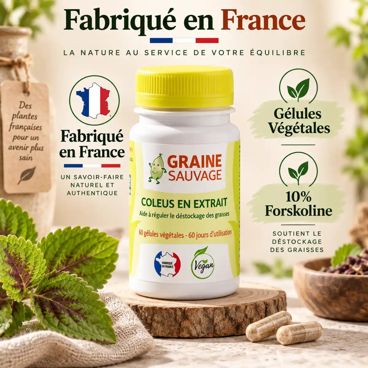 Coleus Forskohlii extrait 60 gélules Graine Sauvage, complément français premium en flacon blanc
