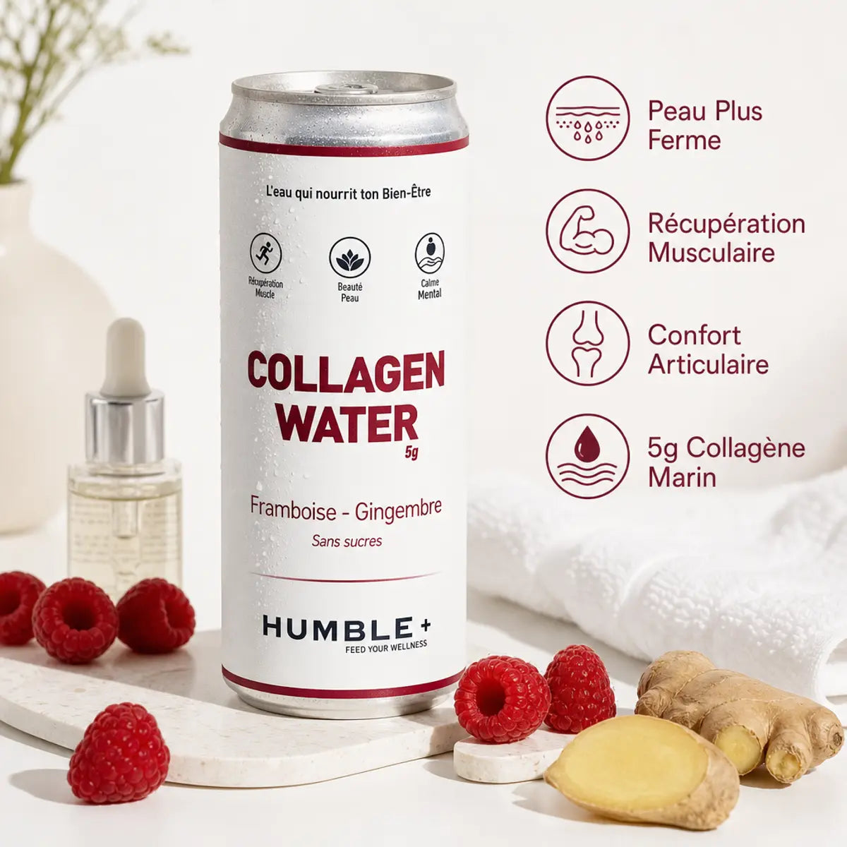 Humble+ Collagen Water Framboise-Gingembre 330ml avec bénéfices peau ferme et récupération musculaire