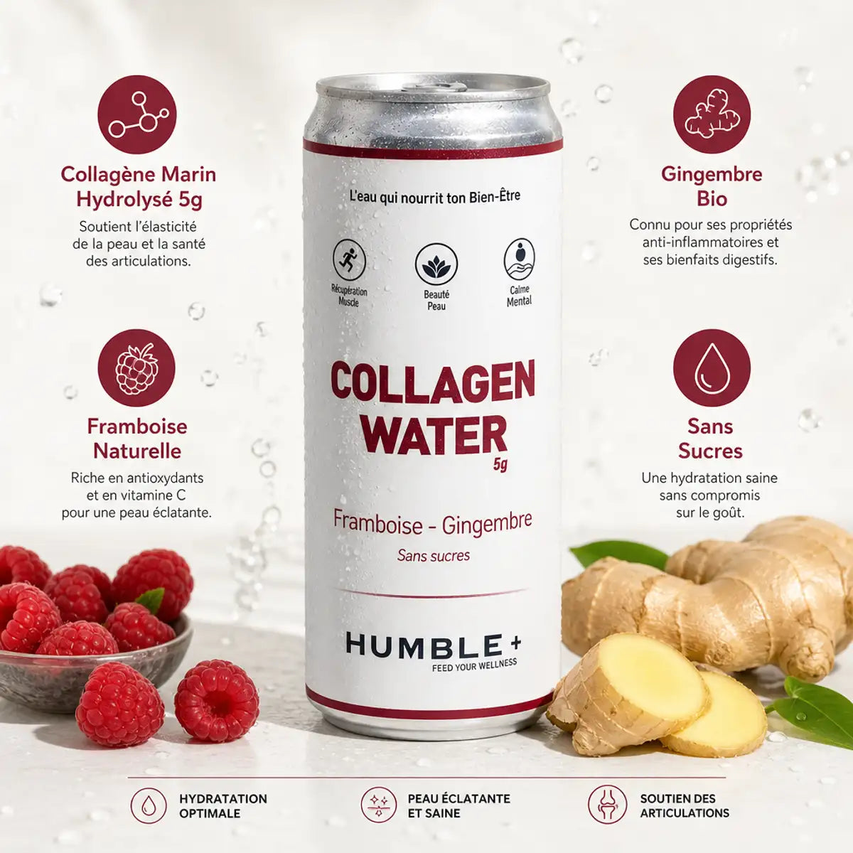 Collagen Water Framboise-Gingembre Humble+ 330ml avec ingrédients naturels et collagène marin