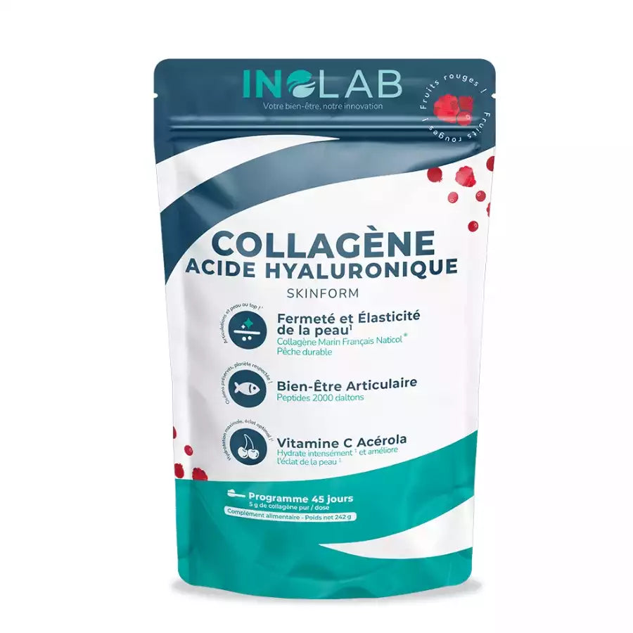 Un sachet de 242g de collagène marin et d'acide hyaluronique aux fruits rouges de la marque inolab