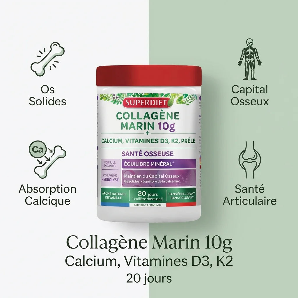 Superdiet Collagène Marin 10g pour os solides - infographie avec bénéfices santé osseuse et articulaire