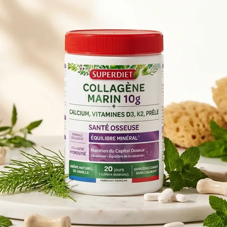 Pot de collagène marin Superdiet 210g pour santé osseuse sur surface marbre