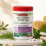 Pot de collagène marin Superdiet 210g pour santé osseuse sur surface marbre